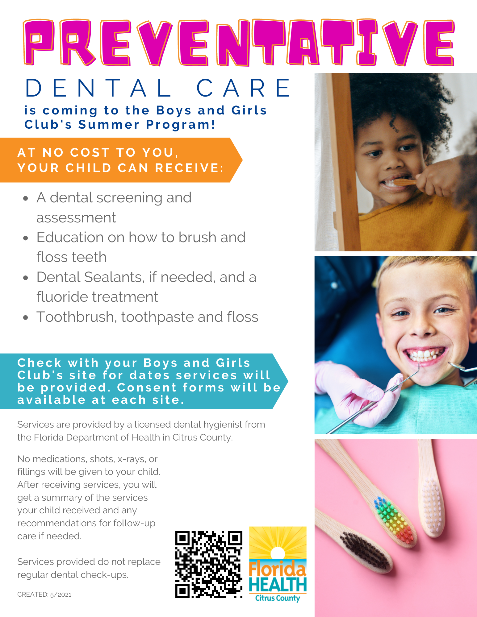 Preventative Dental Care Flyer for Boys and Girls Club Summer Program
