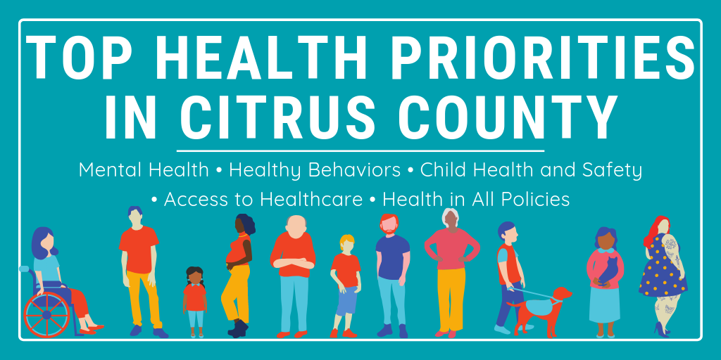Top health priorities in Citrus County: Mental Health, Healthy Behaviors, Child Health and Safety, Access to Healthcare and Health in All Policies. Images of people are show below text. 
