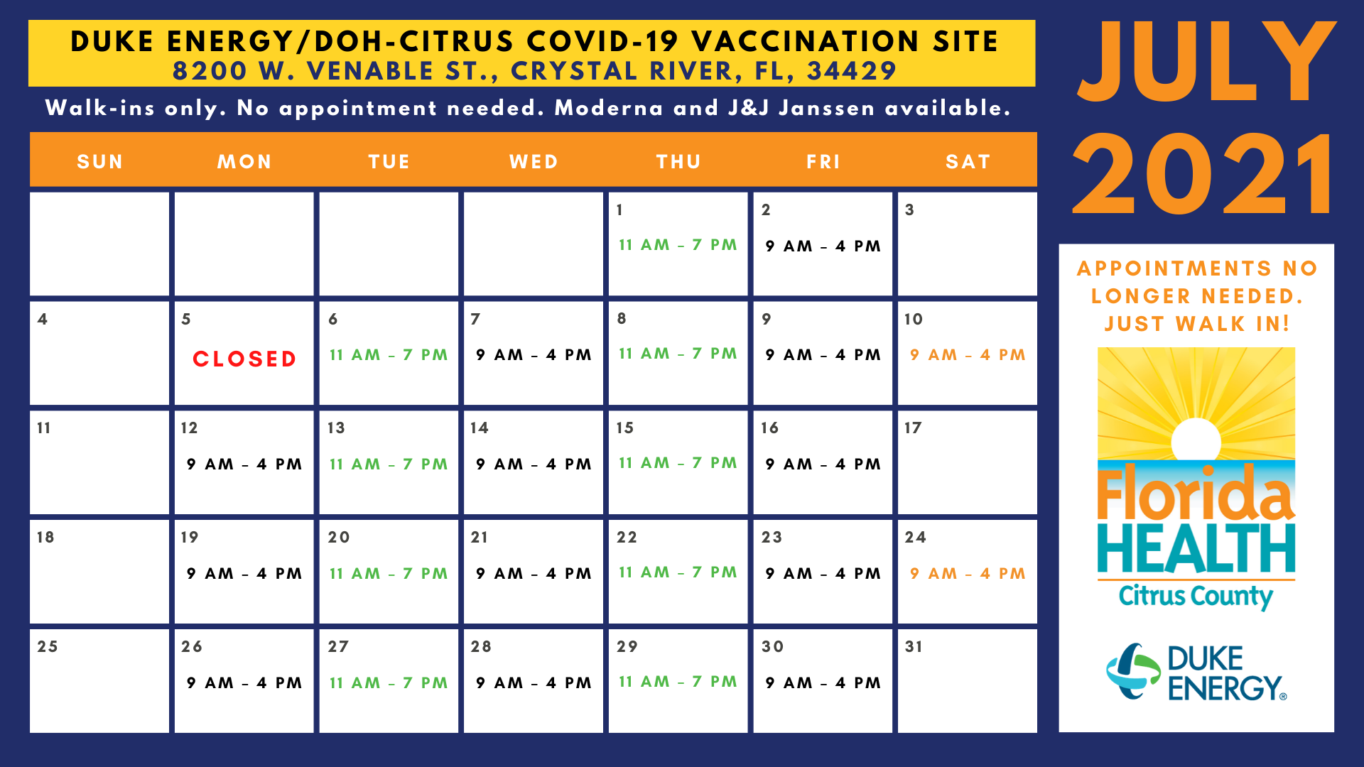 Calendar showing dates when COVID-19 Vaccines are available in July