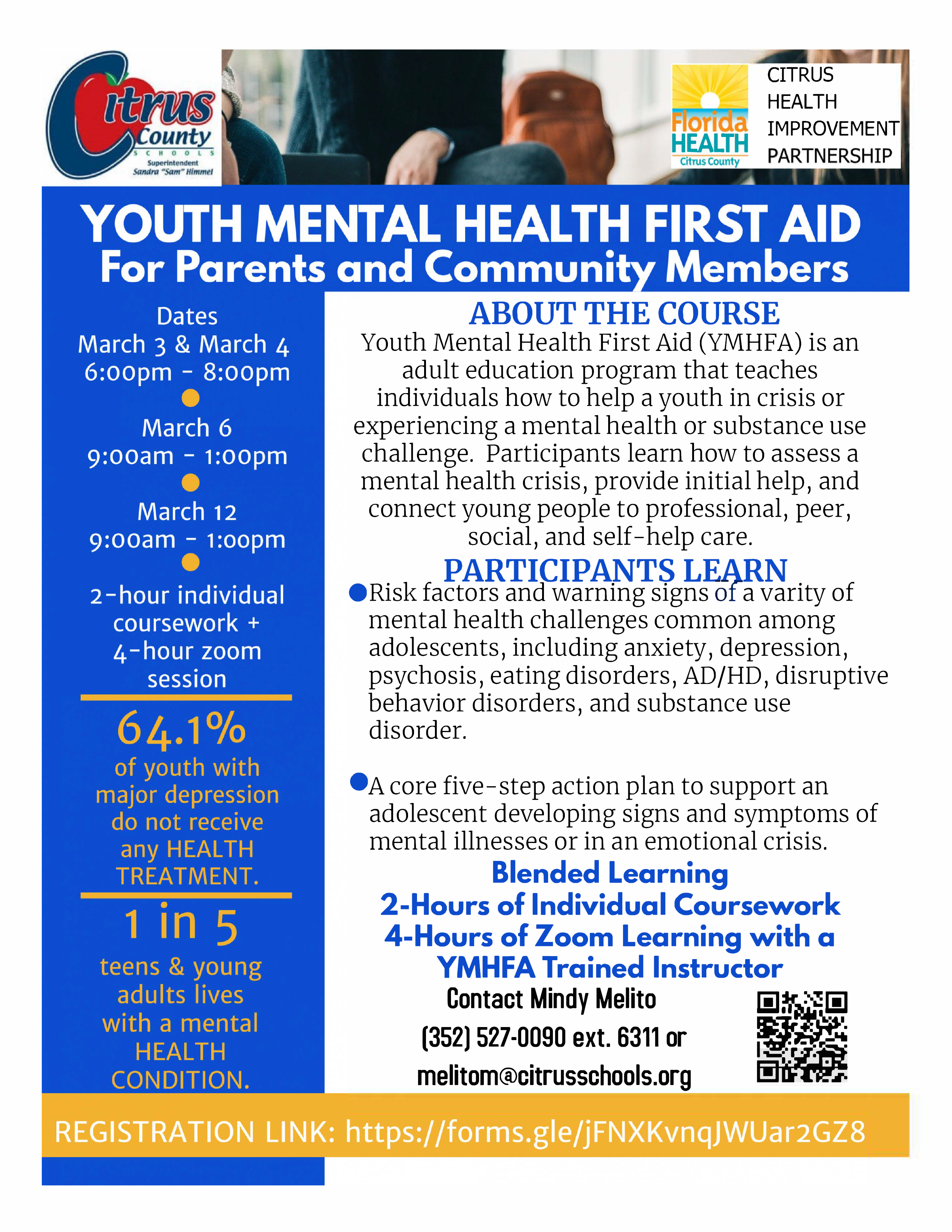 Youth Mental Health First Aid Flyer for parents and community members