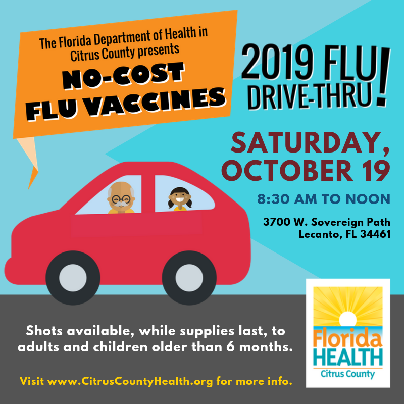 DOH-Citrus presents no-cost vaccines at the 2019 Flu Drive-thru. Red car with people waiting for shot.