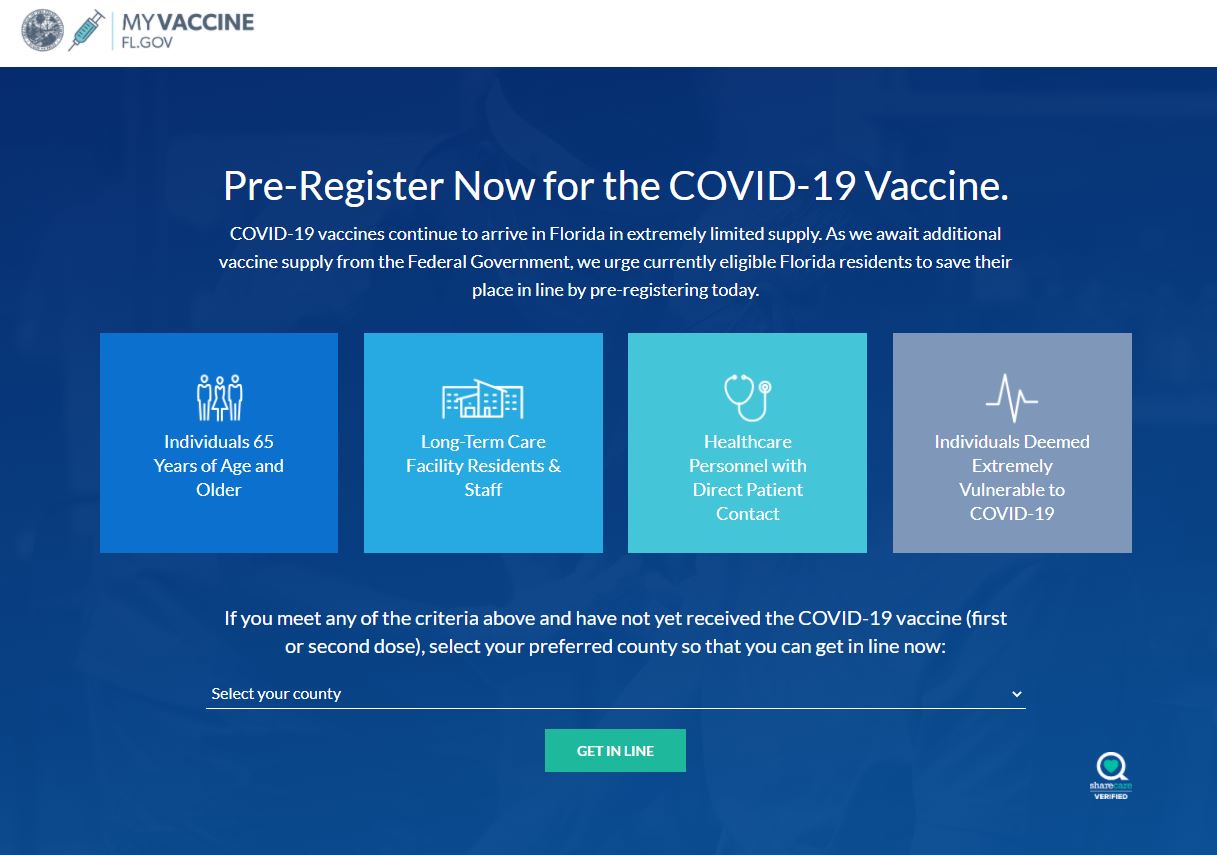 website home page showing myvaccine fl.gov registration