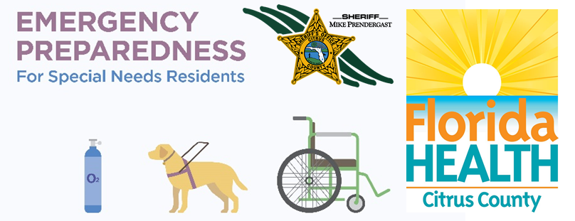 Emergency Preparedness graphic for special needs residents. Image with service animal, wheelchair and oxygen tank.