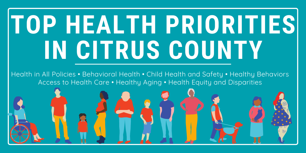 Top health priorities in Citrus County: Mental health, healthy behaviors, Child health and safety, access to healthcare and health in all policies. Images of people are shown below text.